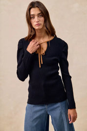 BiBi Ribbed Contrast Front Tied Shirred Fabric Top | Tops Daverri Fashions