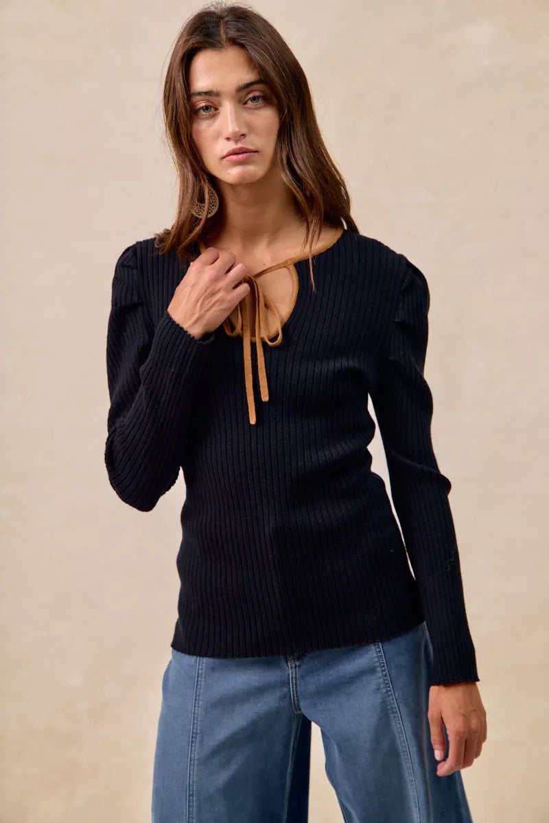 BiBi Ribbed Contrast Front Tied Shirred Fabric Top | Tops Daverri Fashions