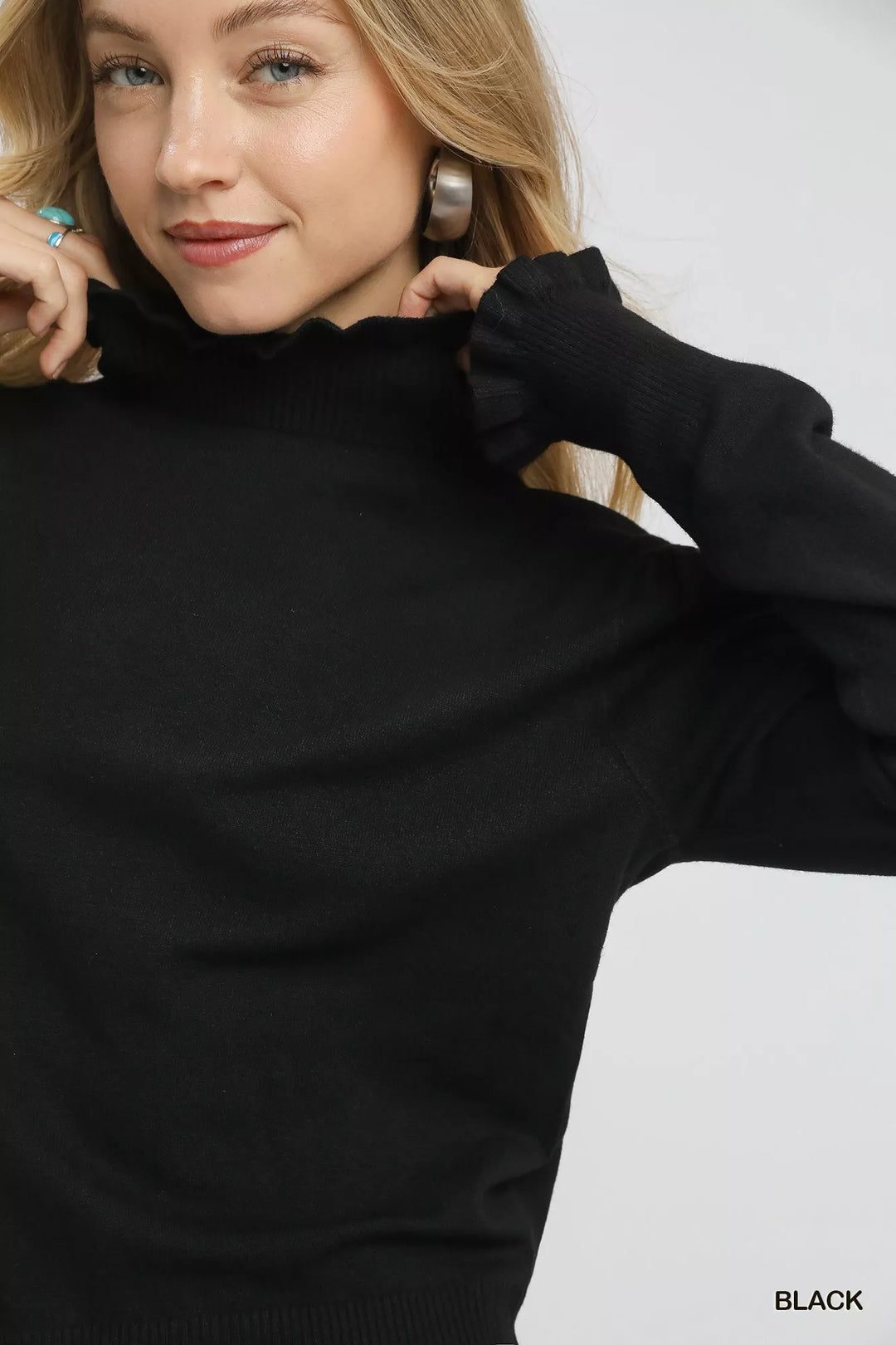 Umgee Ruffle Mock Neck Puff Sleeve Sweater | Sweaters Daverri Fashions