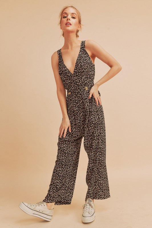 Aemi + Co Ditsy Floral Surplice Sleeveless Wide Leg Jumpsuit Jumpsuits