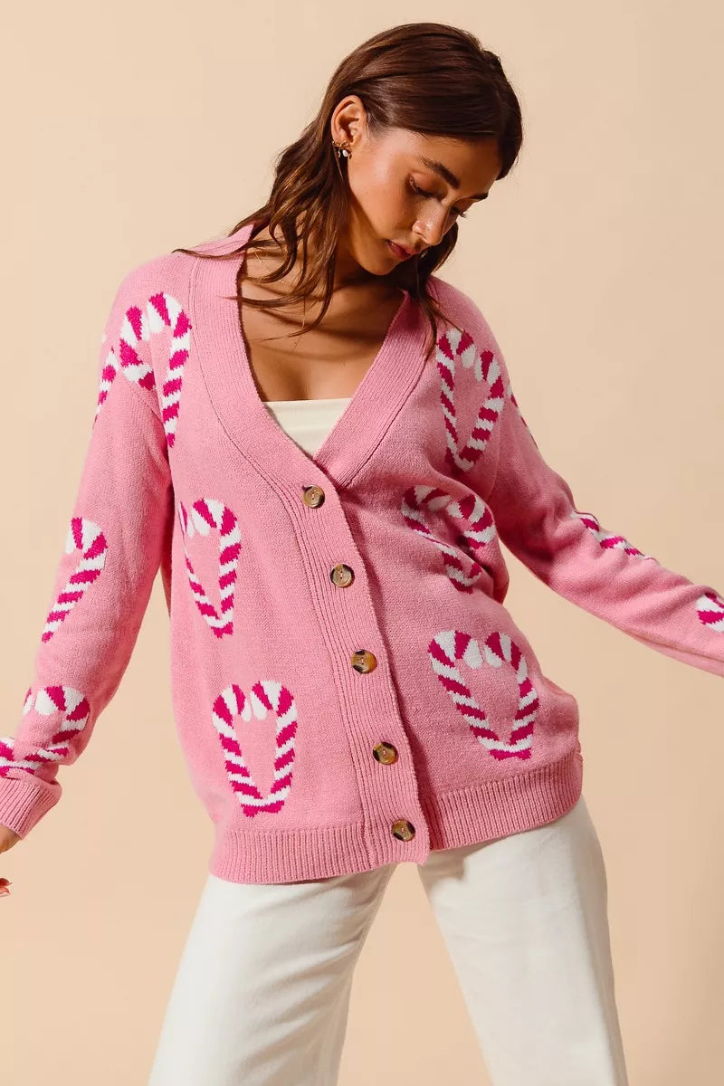 SO ME Christmas Candy Cane Button Front Sweater Cardigan | Cardigans Daverri Fashions