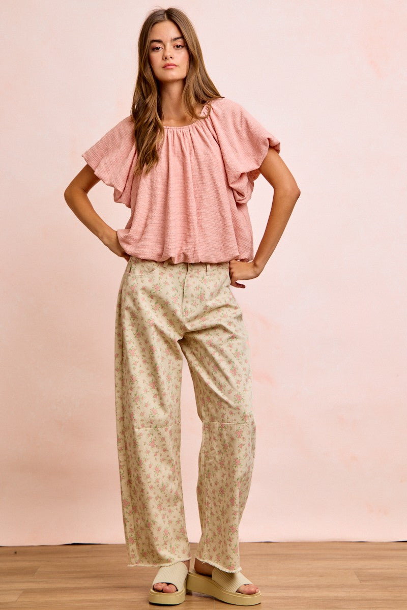 BiBi Stripes soft pink ruffled short-sleeved top with shirred neckline