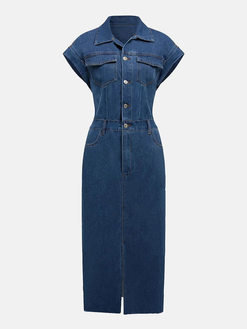 Slit Half Button Collared Neck Cap Sleeve Denim Dress | Midi Dresses Daverri Fashions