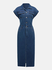 Slit Half Button Collared Neck Cap Sleeve Denim Dress | Midi Dresses Daverri Fashions