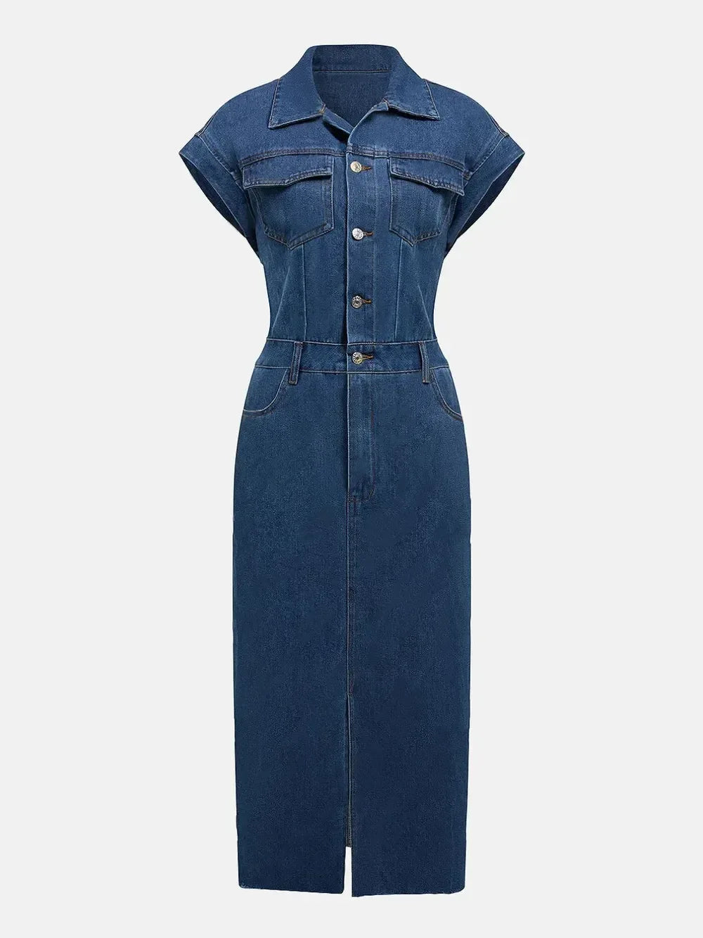 Slit Half Button Collared Neck Cap Sleeve Denim Dress - DAVERRI FASHIONS