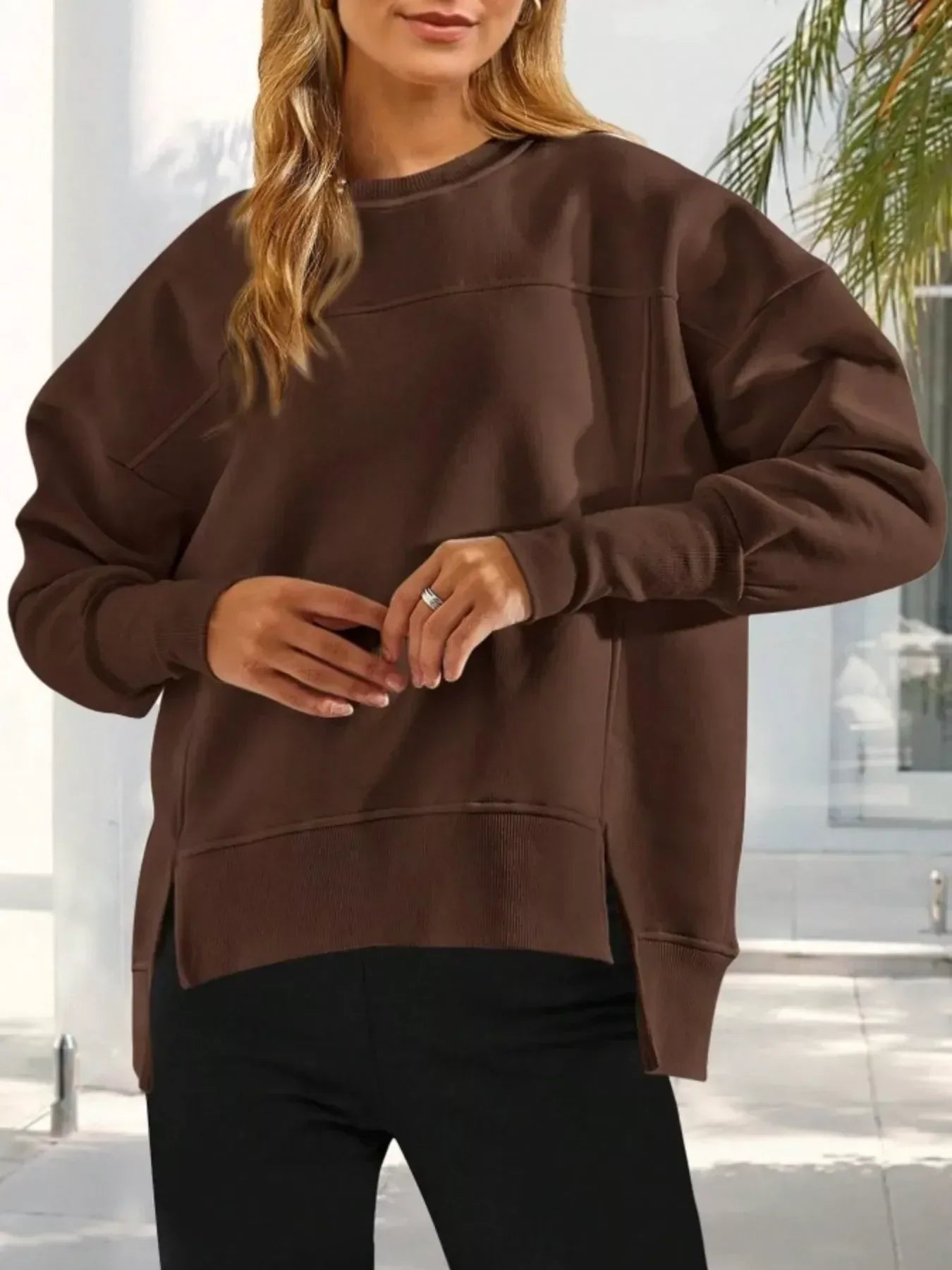 Slit Round Neck Dropped Shoulder Sweatshirt - DAVERRI FASHIONS