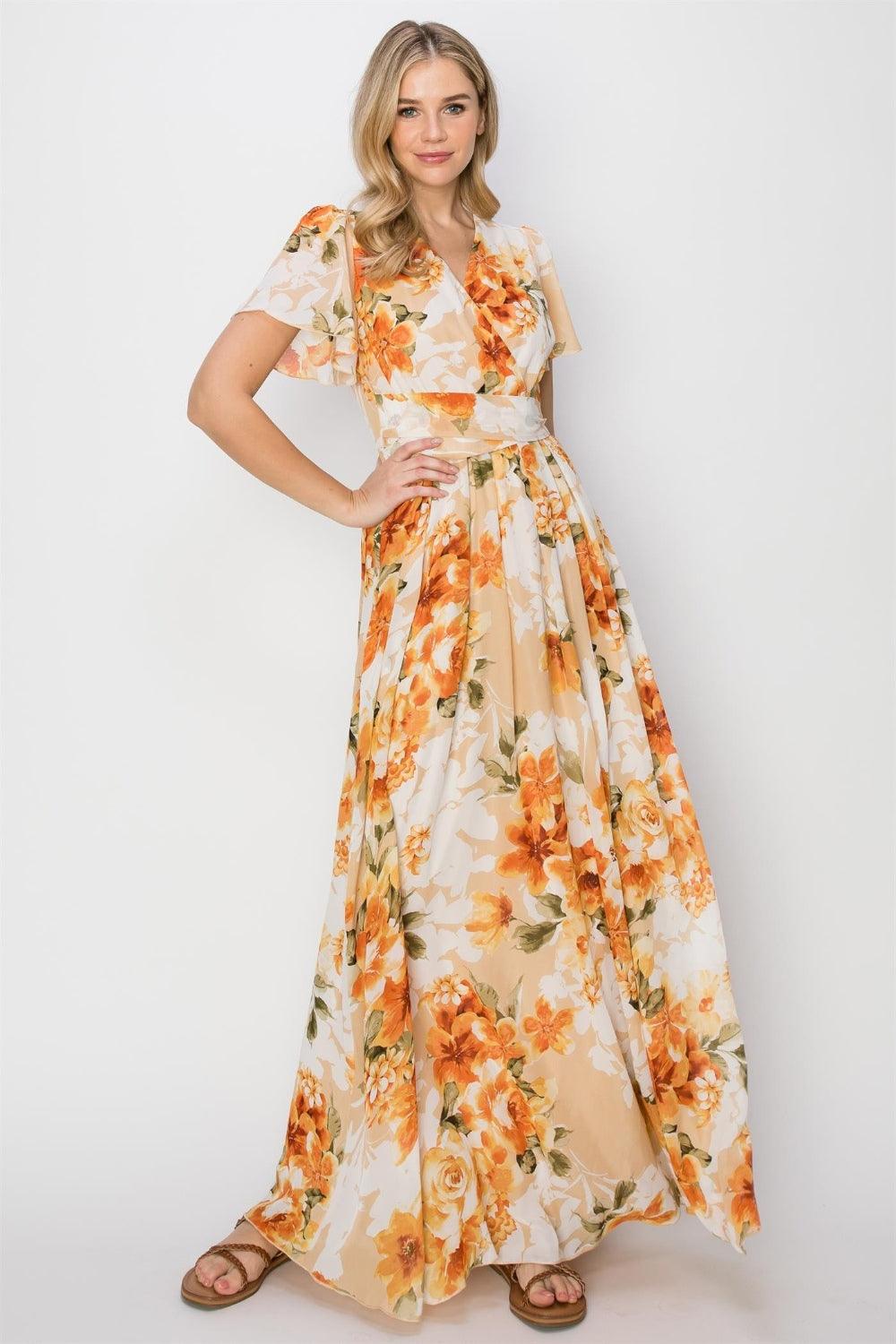 HYFVE Floral Tie Back Short Sleeve Slit Maxi Dress Maxi Dresses