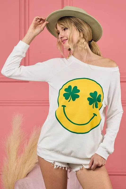 BiBi Smile Face Graphic Round Neck Long Sleeve Top | Tops Daverri Fashions