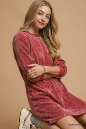 Umgee Velour Drawstring Mini Dress with Long Sleeves | Daverri Fashions