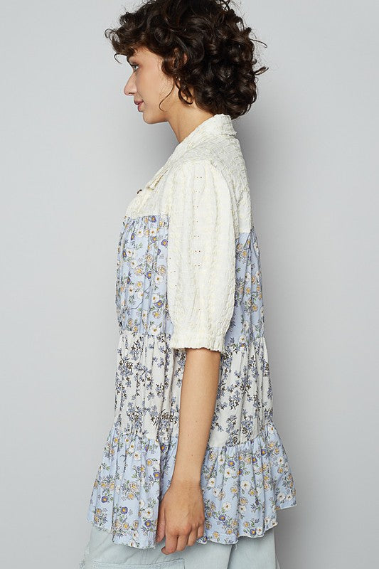 POL Ruffled Hem Floral Button Up Half Sleeve Shirt Shirts