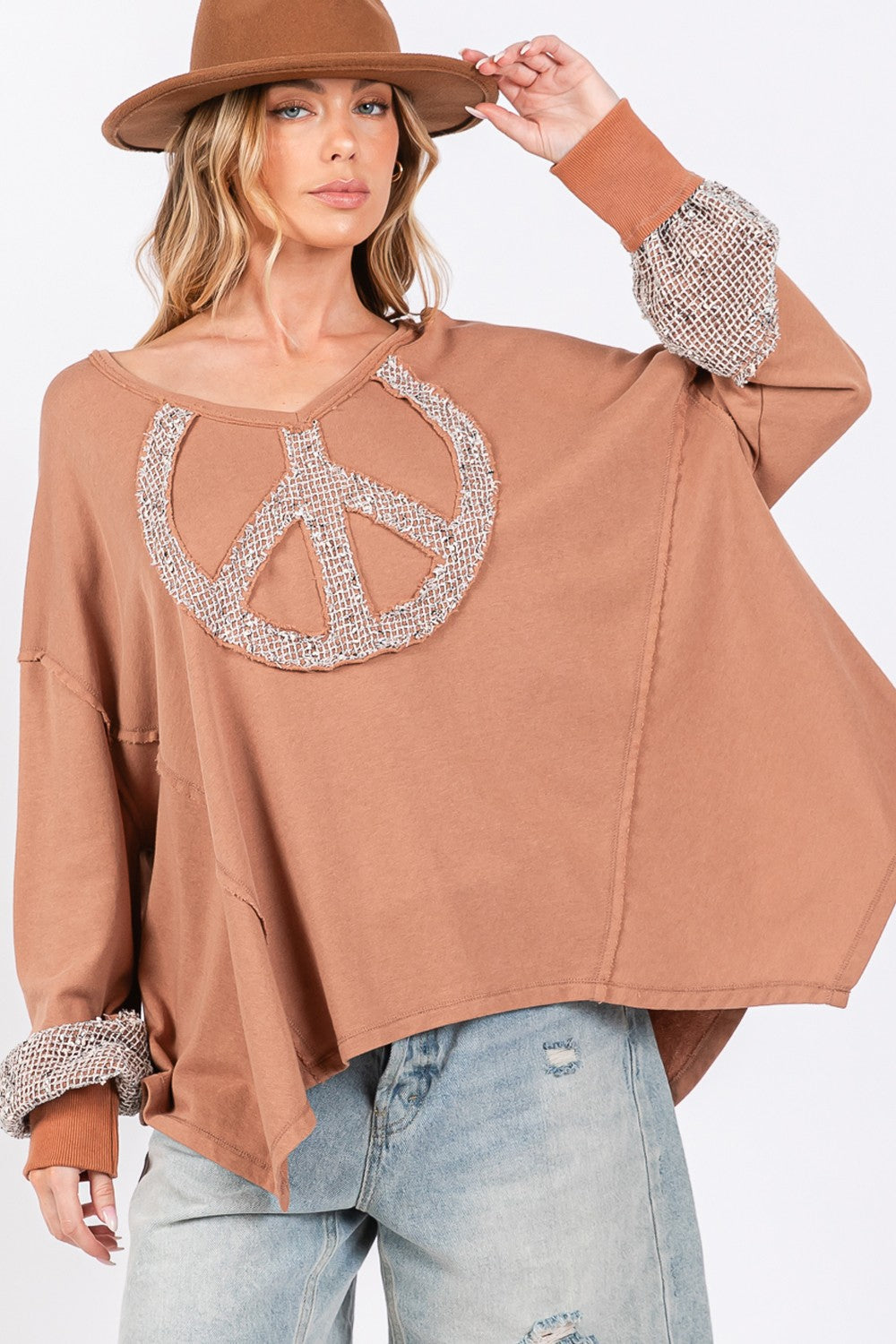 SAGE + FIG Peace Sign Mineral Wash Terry Top Camel Tops