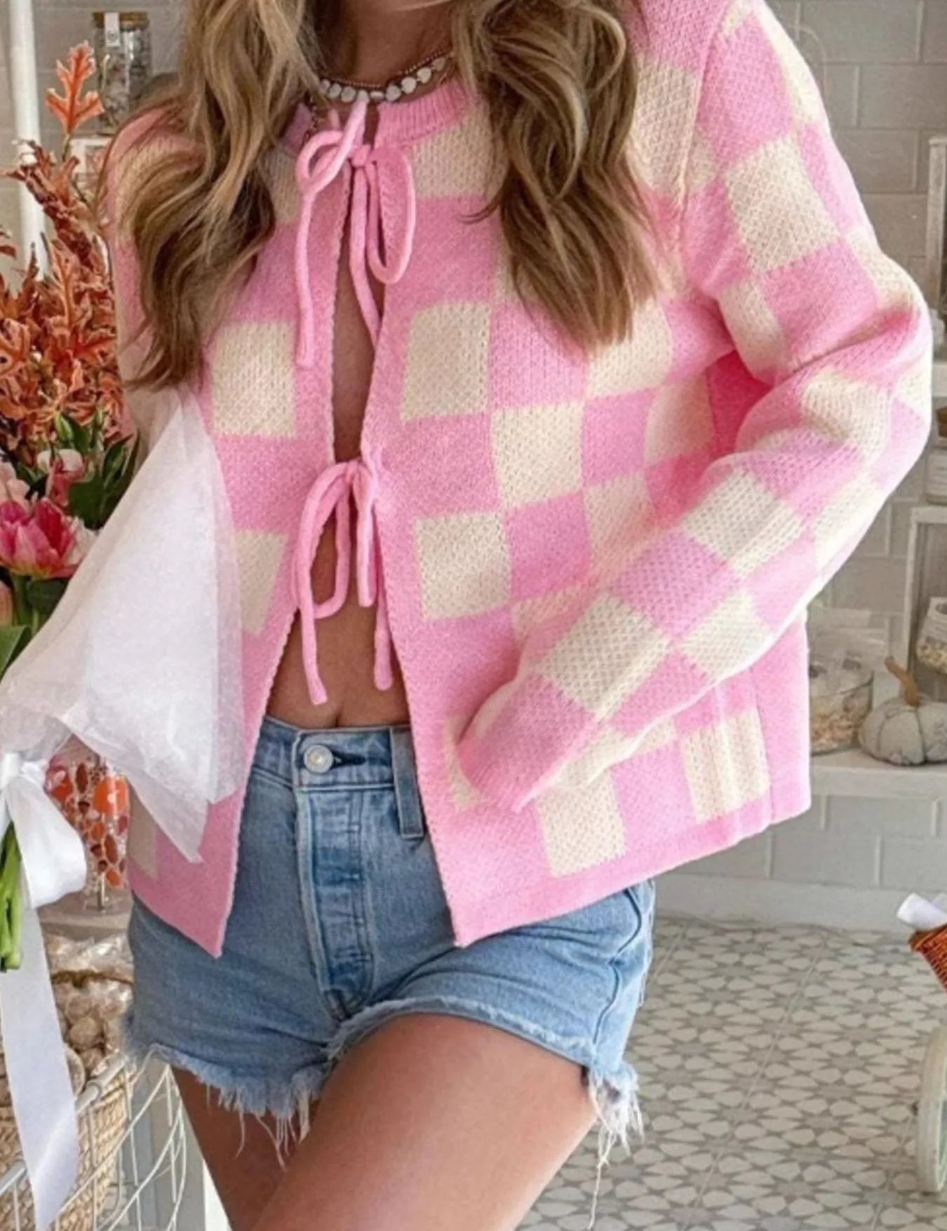 Checkered Tie-Front Cropped Cardigan | Cardigans Daverri Fashions