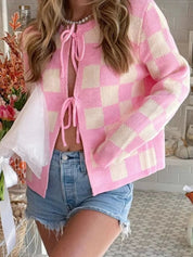Checkered Tie-Front Cropped Cardigan | Cardigans Daverri Fashions