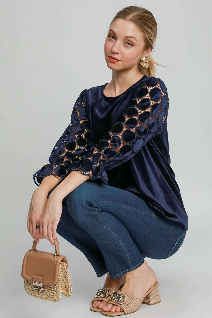 Umgee Polka Dot Lace Long Sleeve Round Neck Blouse | Blouses Daverri Fashions