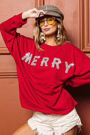 BiBi Merry Glitter Christmas Drop Shoulder Top | Sweaters Daverri Fashions