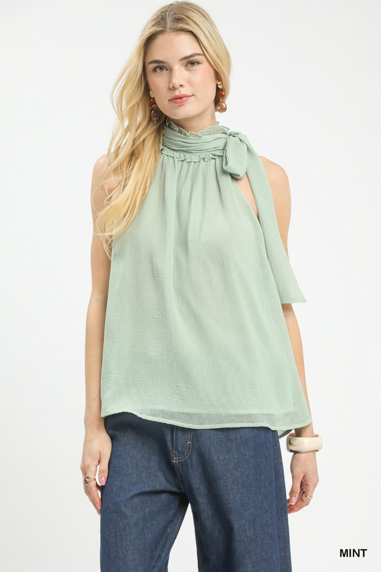 Umgee mint halter tie neck sleeveless chiffon top with ruffles