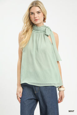 Umgee mint halter tie neck sleeveless chiffon top with ruffles