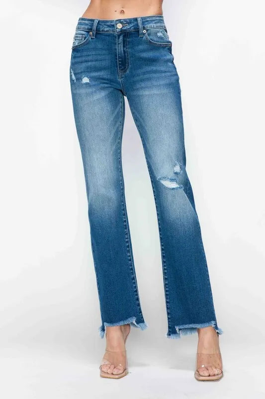 bytos Full Size Raw Hem Distressed Mid Rise Straight Jeans | Jeans Daverri Fashions