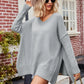 Slit V-Neck Dropped Shoulder Sweater - DAVERRI FASHIONS