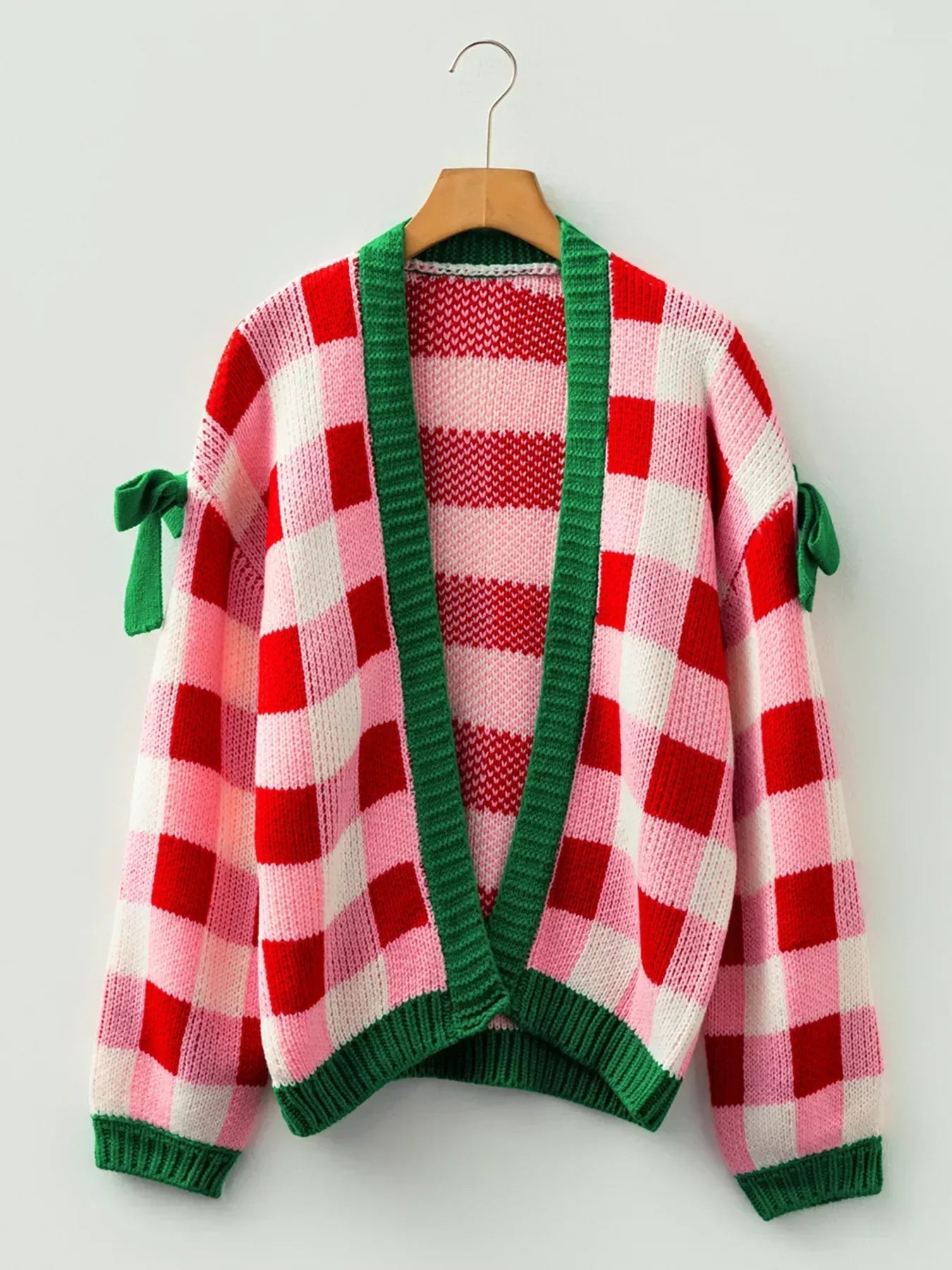 Daverri Fashions Checkered Bow-Tie Sleeve Knit Christmas Cardigan - DAVERRI FASHIONS