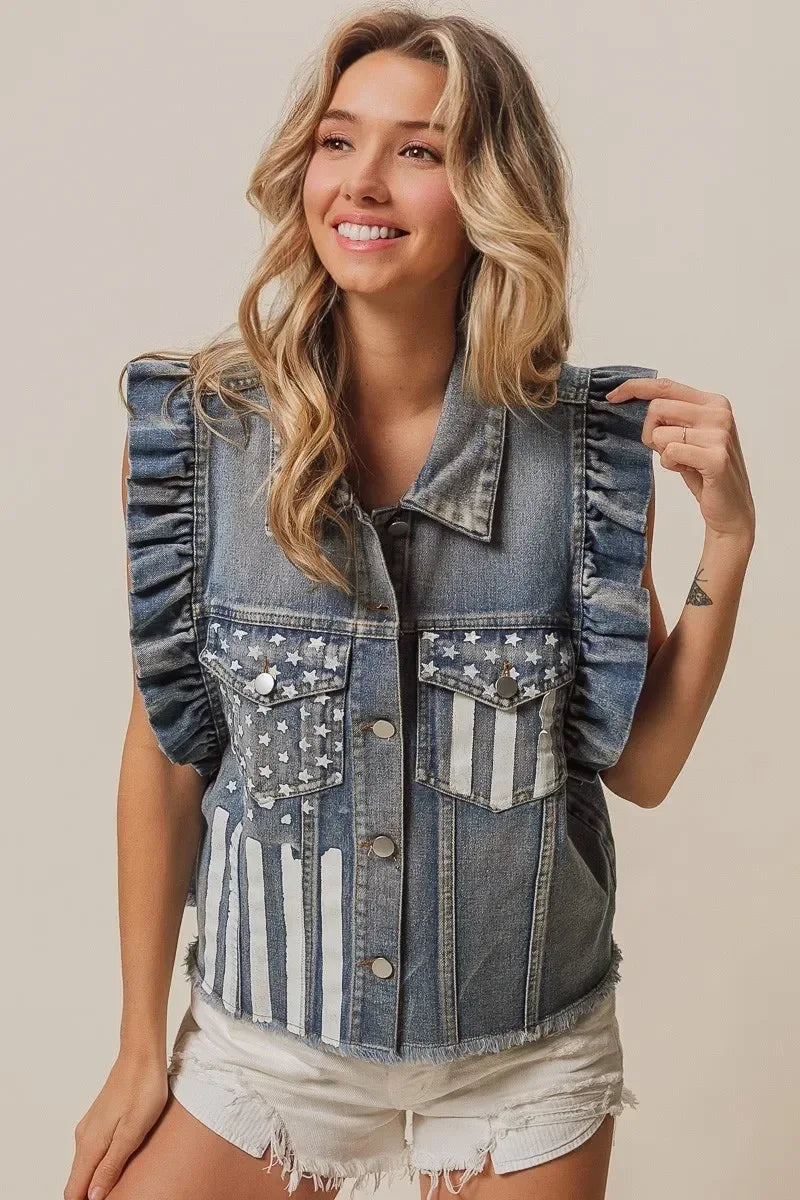 BiBi American Flag Washed Denim Jacket - DAVERRI FASHIONS