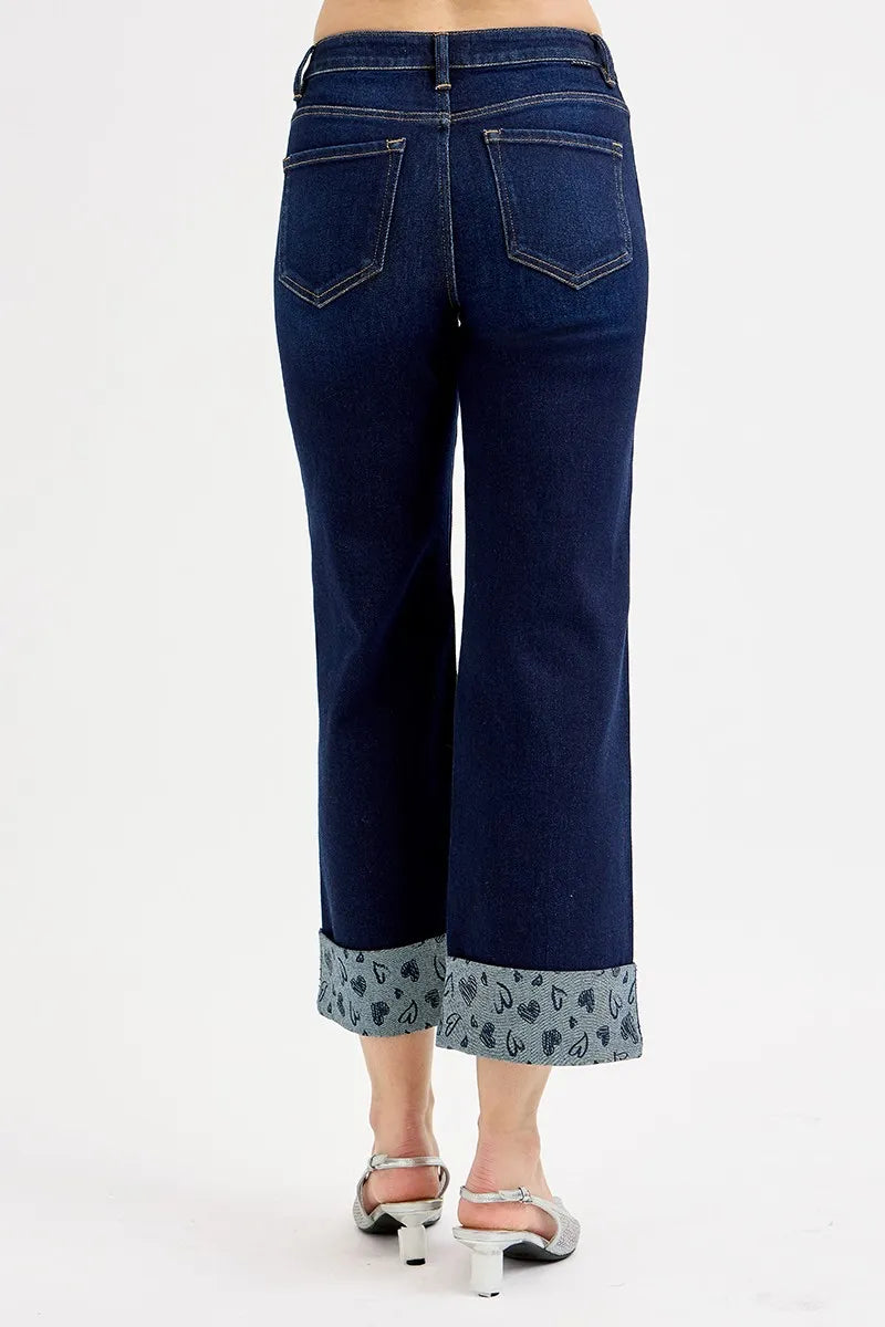RISEN Full Size Mid Rise Fit Crop Wide With Printed Cuff Jeans Jeans