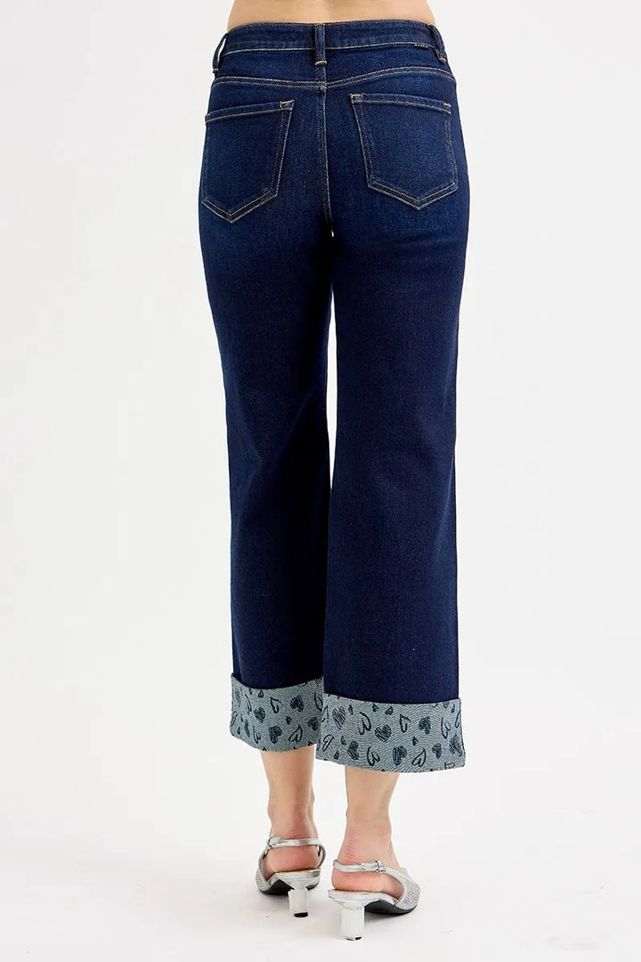 RISEN Full Size Mid Rise Fit Crop Wide With Printed Cuff Jeans Jeans