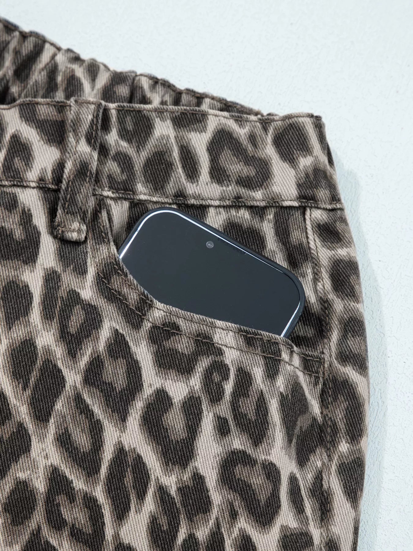 Leopard Straight Loose Leg Raw Hem Jeans | Jeans Daverri Fashions