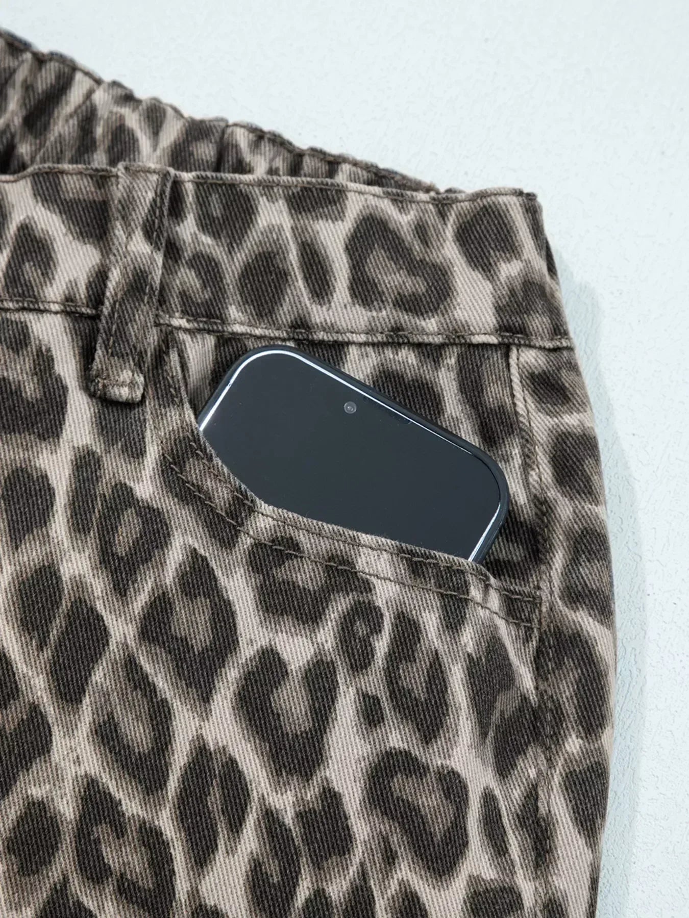 Leopard Straight Loose Leg Raw Hem Jeans - DAVERRI FASHIONS