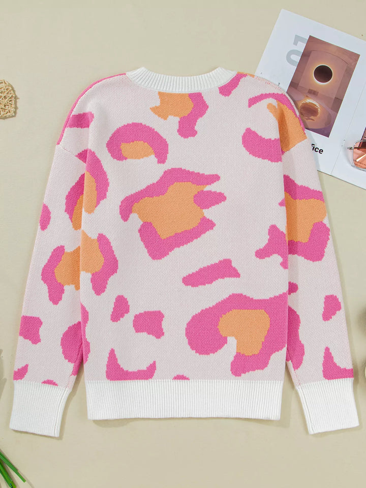 Leopard Print Drop Shoulder Baggy Sweater | Sweaters Daverri Fashions