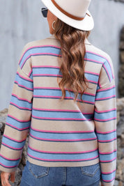 Striped color block Johnny collar sweater in pastel ribbed knit