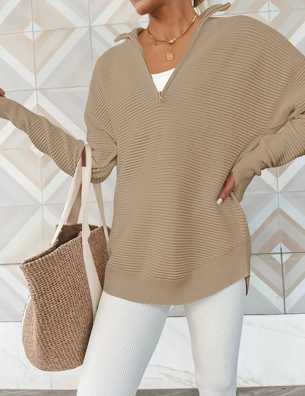 Khaki Half Zip Long Sleeve Knit Top | Knit Tops Daverri Fashions