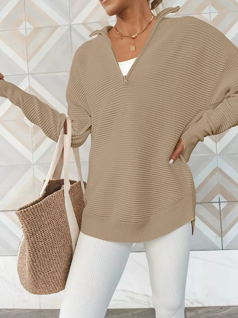Khaki Half Zip Long Sleeve Knit Top | Knit Tops Daverri Fashions