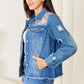Baeful Leopard Floral Distressed Raw Hem Denim Jacket Jackets