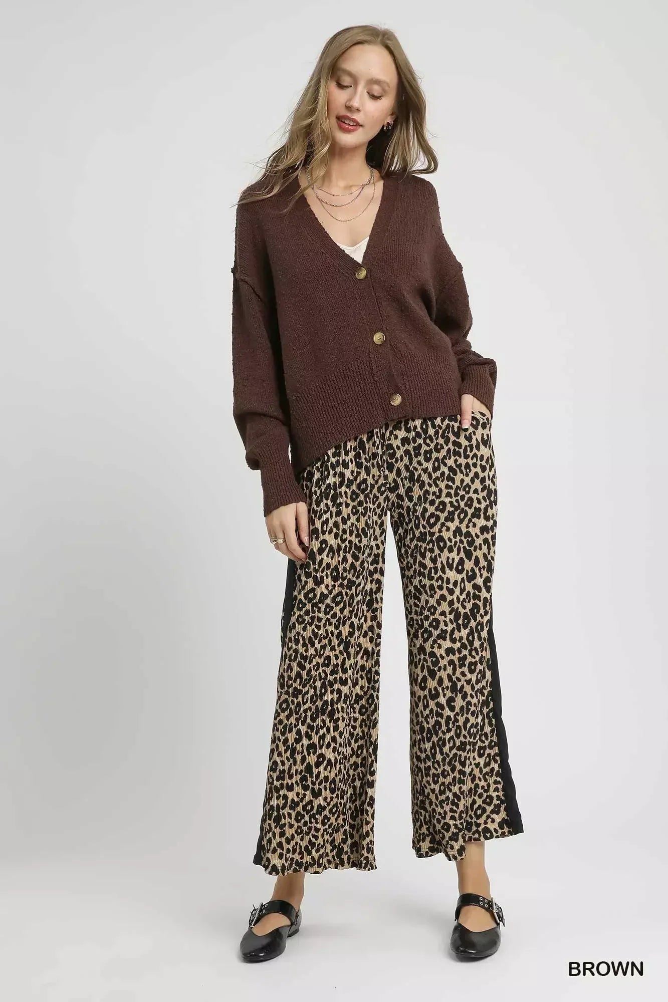 Umgee Button-Front V-Neck Knit Cardigan Brown - DAVERRI FASHIONS