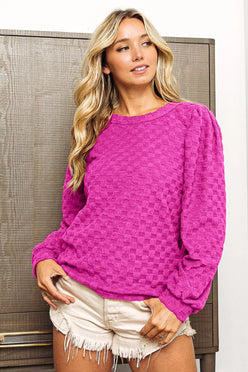 Vibrant magenta textured knit BiBi Round Neck Brushed Checker Top sweater size S