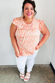 Peach Floral Print Frilled Short Sleeve Yoke Top | Daverri Fashions