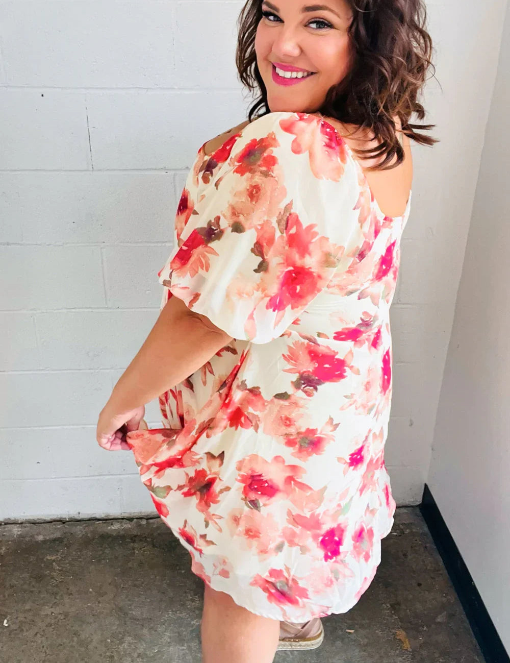 Peach Floral Chiffon Puff Sleeve Dress | Daverri Fashions