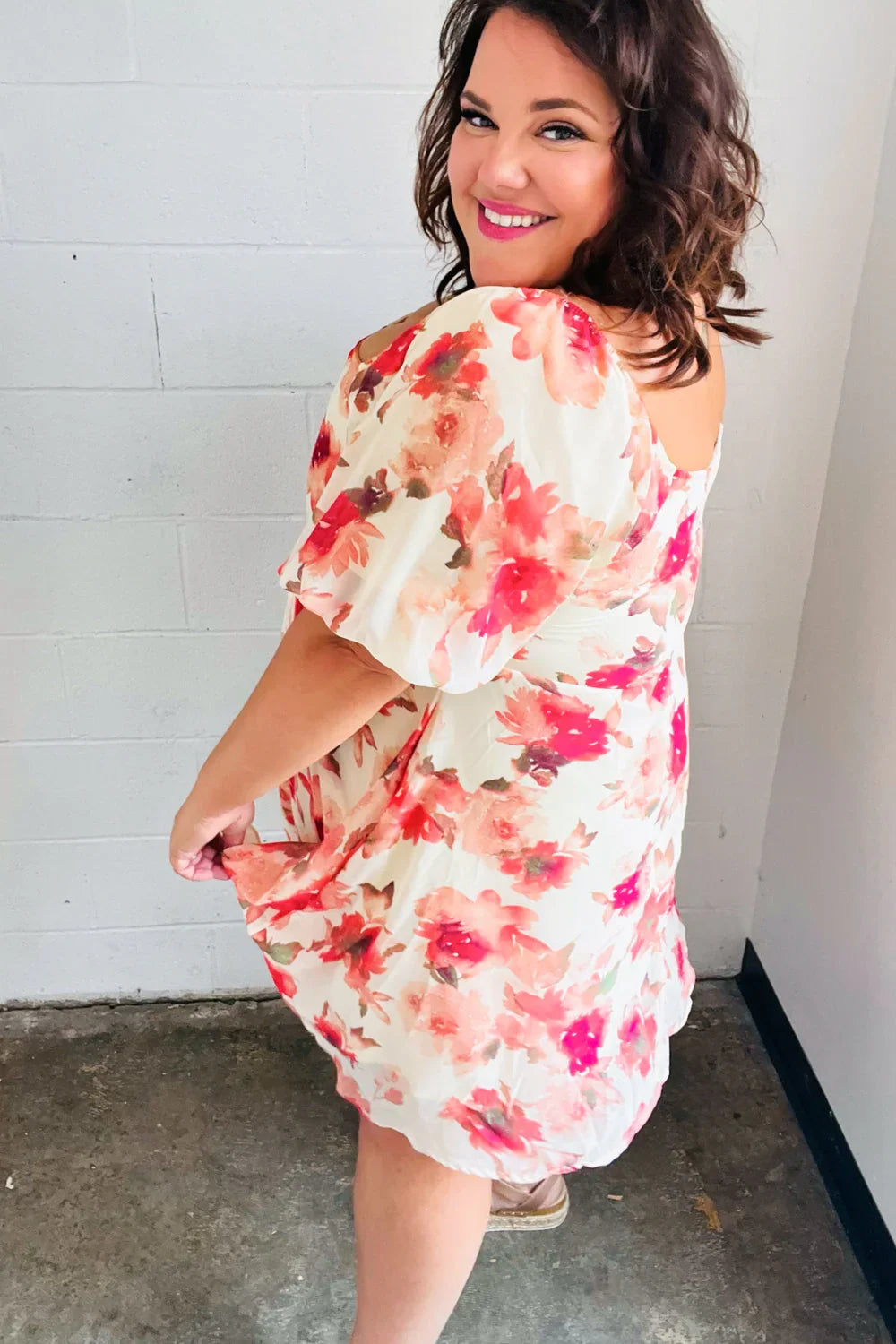 Peach Floral Chiffon Puff Sleeve Dress | Daverri Fashions