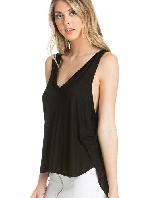 high low v-neck open side tank top Black