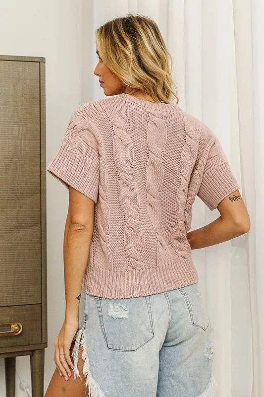 BiBi Cable Knit Dusty Rose Sweater with Distressed Jeans