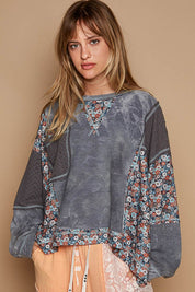 POL Floral Patchwork Round Neck Knit Top Gray