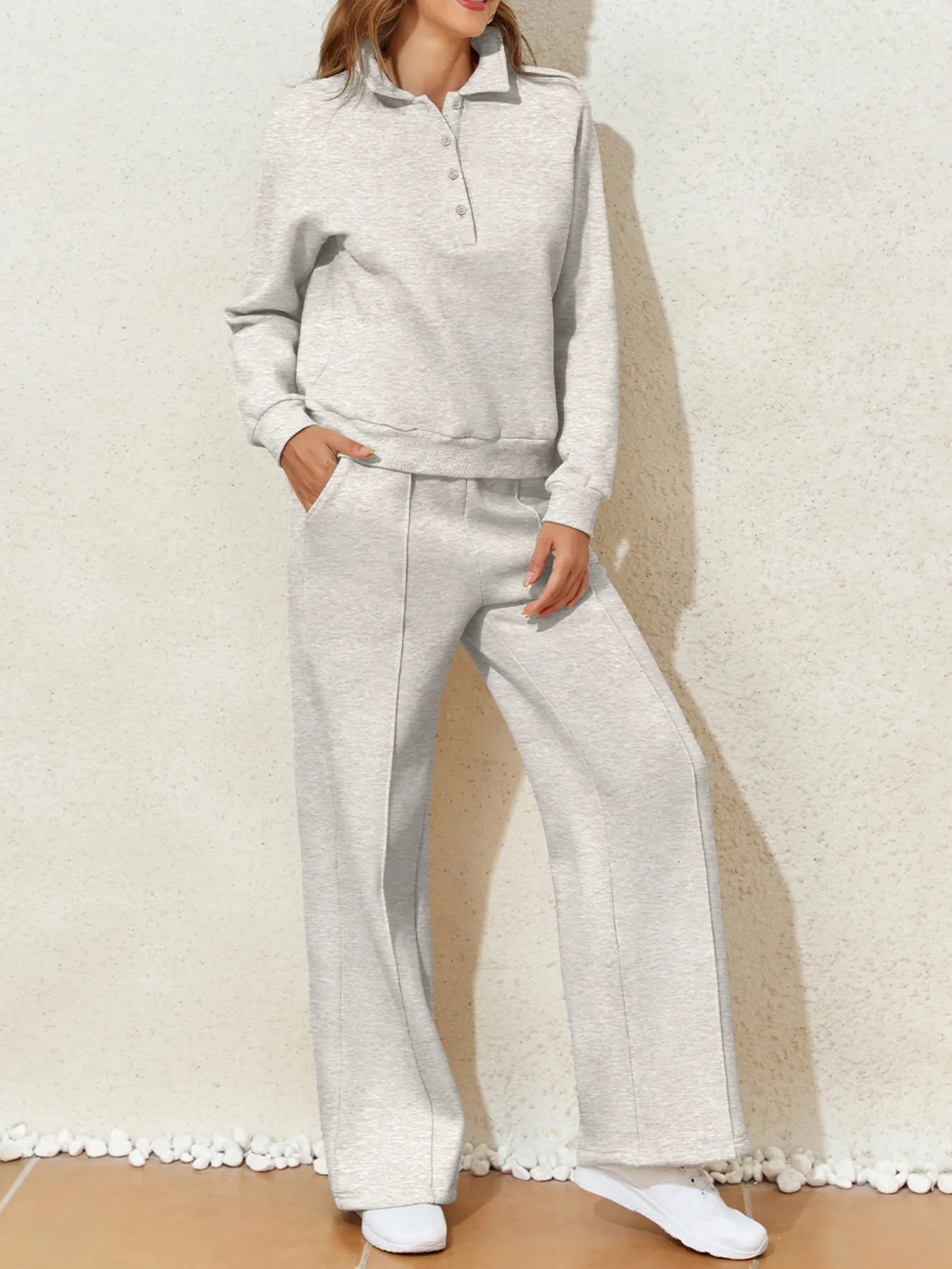 Collared Sweatshirt and High Waist Pants Active Set | Daverri Fashions