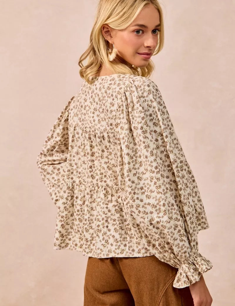 BiBi Floral Printed Peplum Blouse with Shirring and Tied | Blouses Daverri Fashions