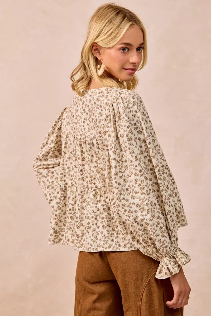 BiBi Floral Printed Peplum Blouse with Shirring and Tied | Blouses Daverri Fashions