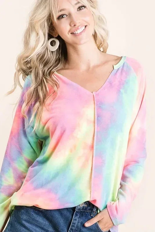 BiBi Long Sleeve Tie-Dye Terry T-Shirt - DAVERRI FASHIONS