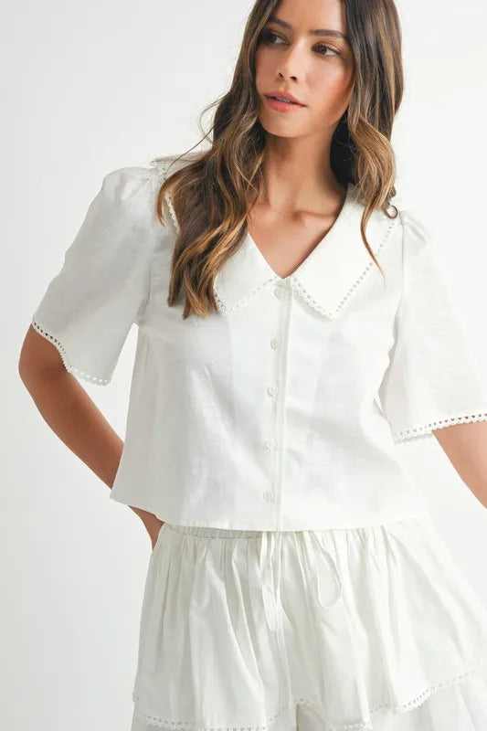 MABLE Collared Button Down Crop Top and Skort Set Outfit Sets