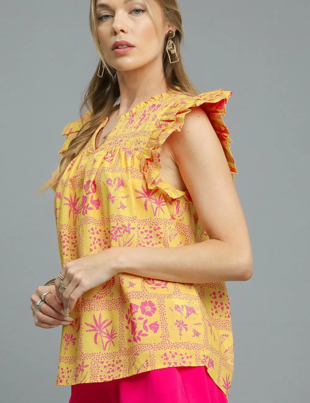 Umgee Printed Ruffle Cap Sleeve Blouse | Daverri Fashions