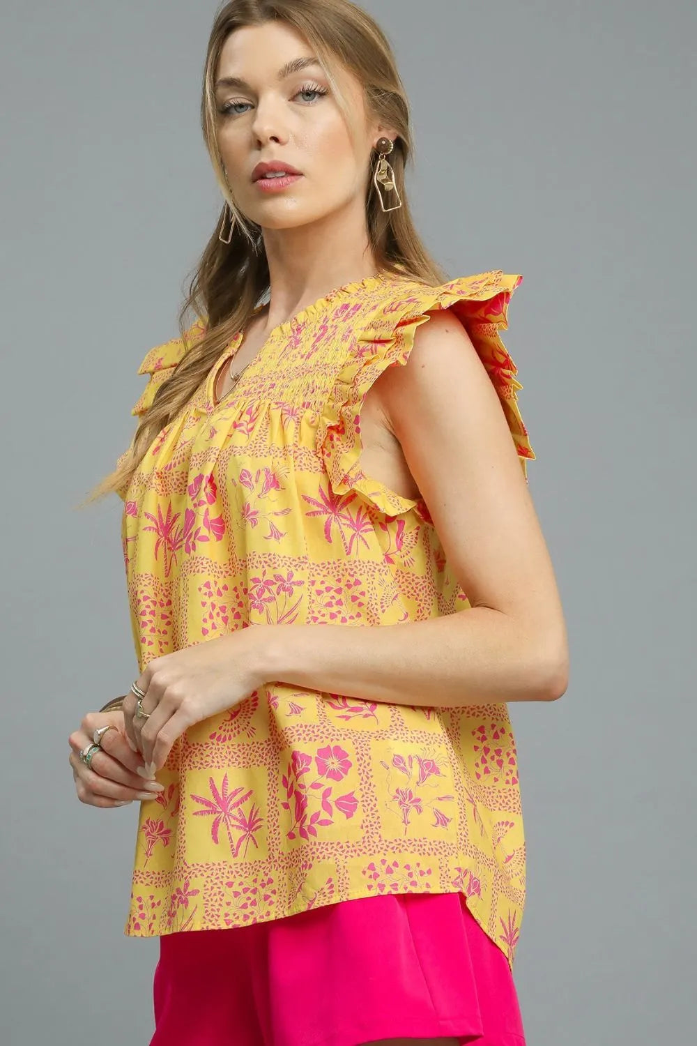 Umgee Printed Ruffle Cap Sleeve Blouse | Daverri Fashions