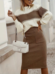 Brown Two-Tone Ribbed Knit Top and Skirt Sweater Set | Outfit Sets Daverri Fashions